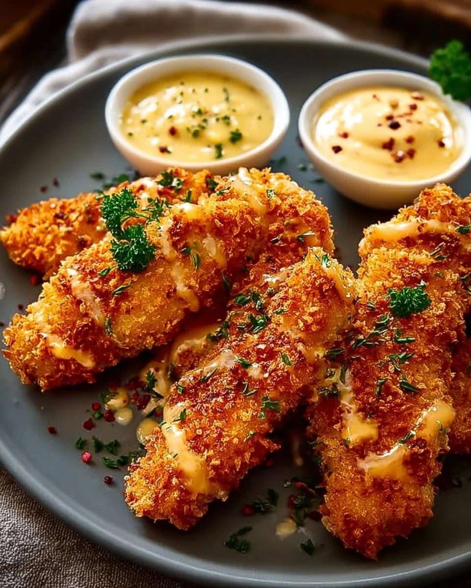 Super krosse Air Fryer Hähnchenstreifen auf einem Teller serviert