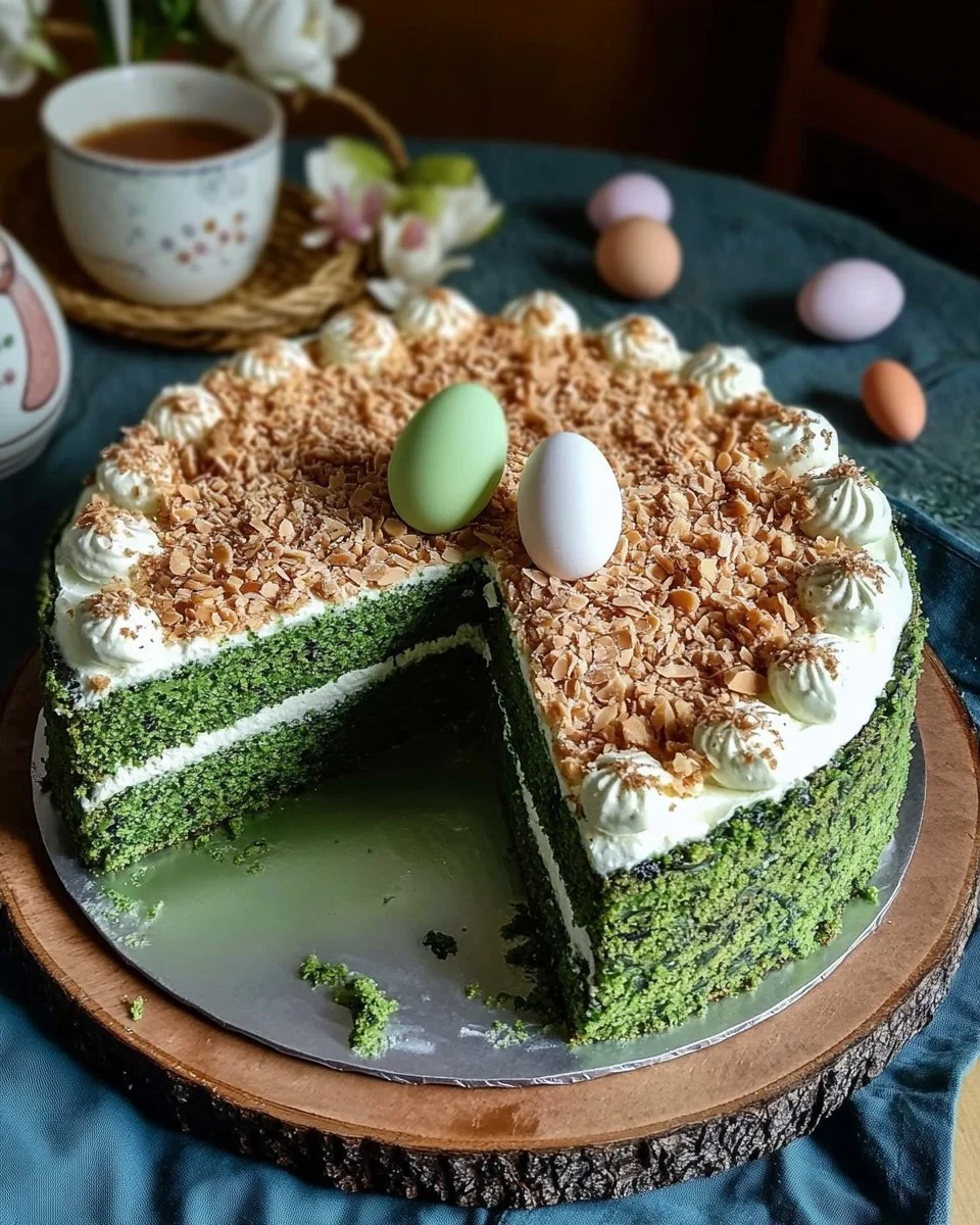 Süßer grüner Spinatkuchen mit frischem Spinat und leckerem Topping