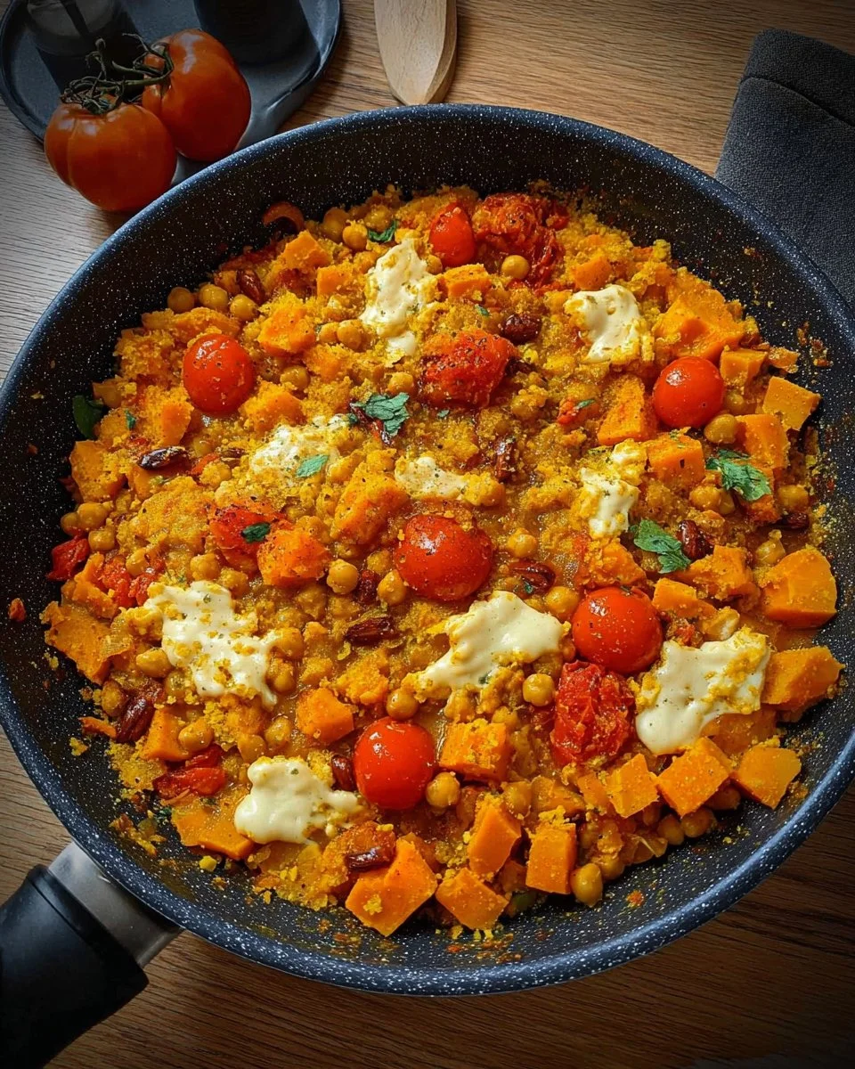 Indische Süßkartoffel-Casserole mit Kichererbsen, Maronen und Lauch