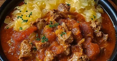 Ein köstlicher Teller Szegediner Gulasch mit frischen Zutaten und Gewürzen.