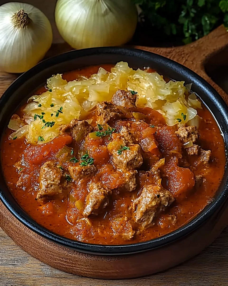 Ein köstlicher Teller Szegediner Gulasch mit frischen Zutaten und Gewürzen.