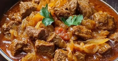 Leckeres Szegediner Gulasch serviert mit Beilagen