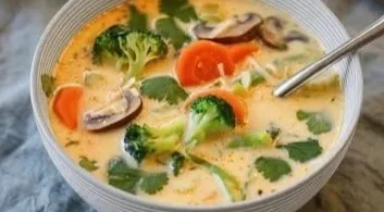 Schüssel mit thailändischer Kokosnuss-Suppe mit frischem Gemüse