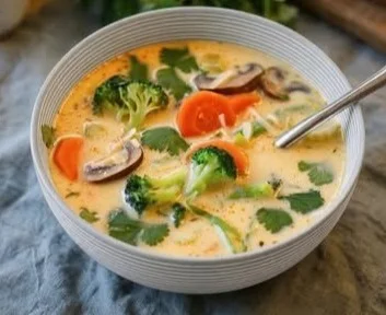 Schüssel mit thailändischer Kokosnuss-Suppe mit frischem Gemüse