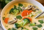 Schüssel mit Thai-Coconut-Suppe und buntem Gemüse