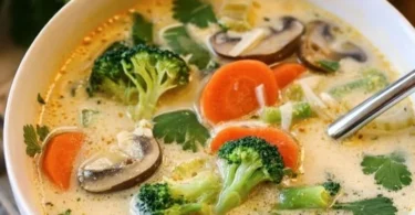 Schüssel mit Thai-Coconut-Suppe und buntem Gemüse