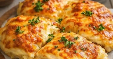 Thunfisch Blätterteig mit Käse serviert auf einem Teller