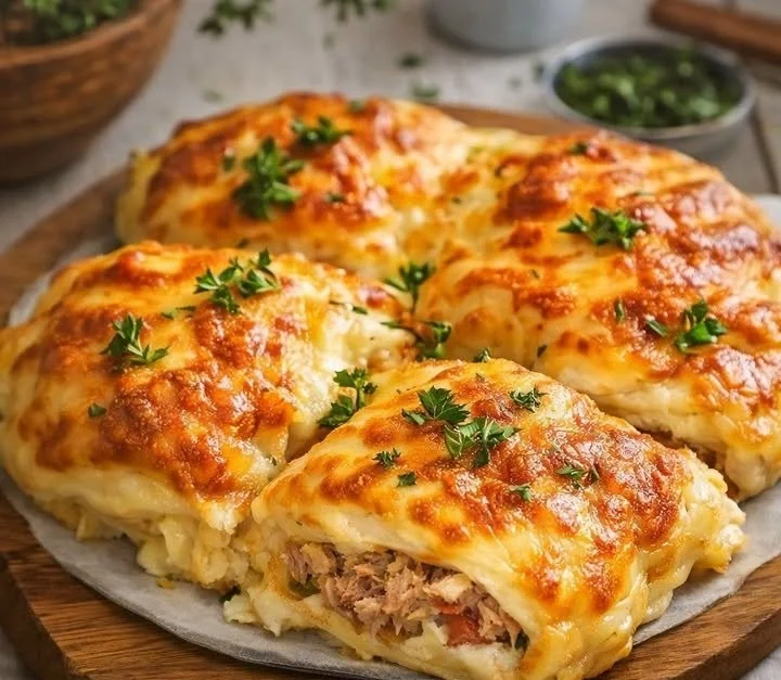 Thunfisch Blätterteig mit Käse serviert auf einem Teller