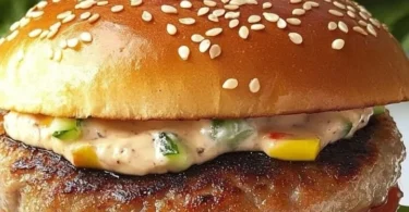 Hausgemachter Thunfisch-Burger auf einem Holzbrett