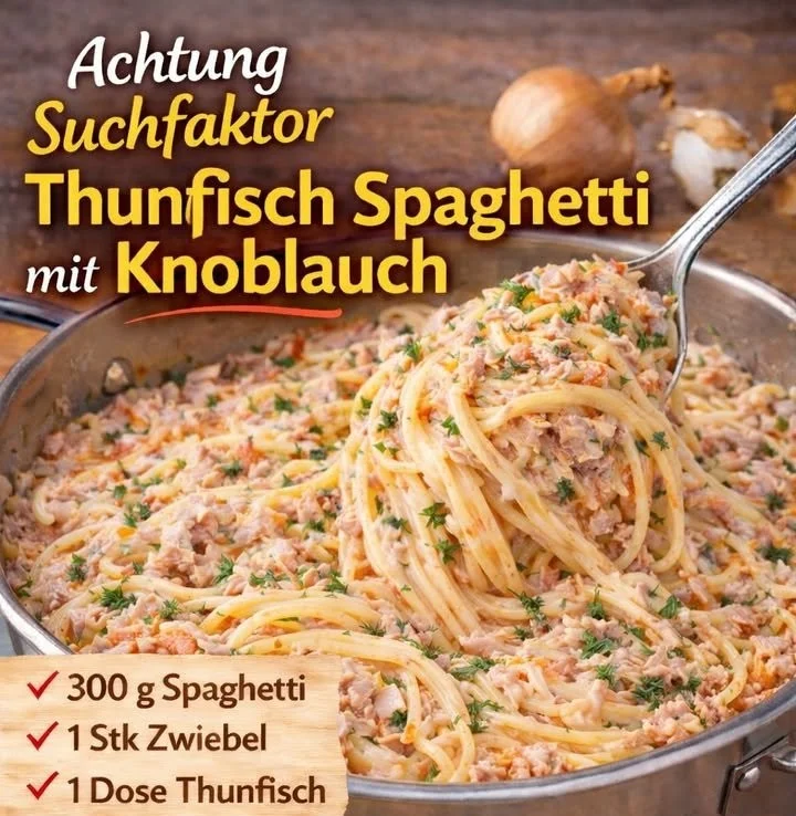 Thunfisch Spaghetti mit Knoblauch auf einem Teller serviert.