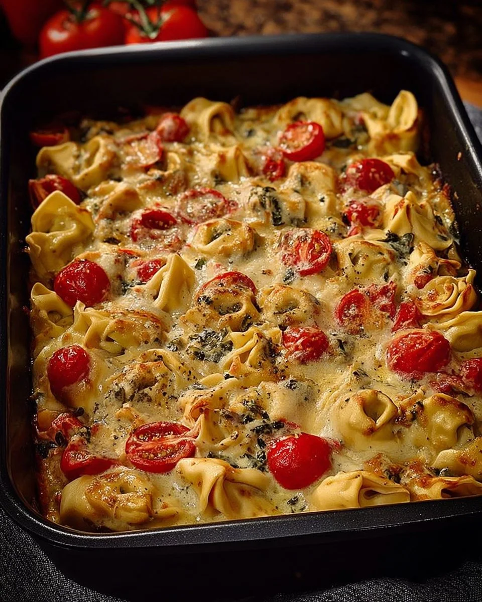 Leckerer Tortellini Auflauf mit Sahnesauce und Käse überbacken