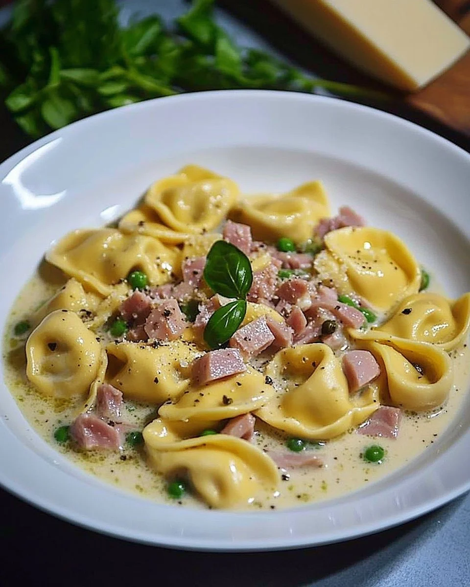 Tortellini in Schinken-Sahne-Sauce auf einem Teller serviert