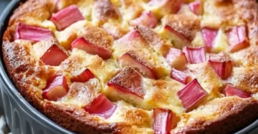 Rhabarber-Joghurt-Kuchen ohne Zucker, frisch gebacken und dekorativ angerichtet.