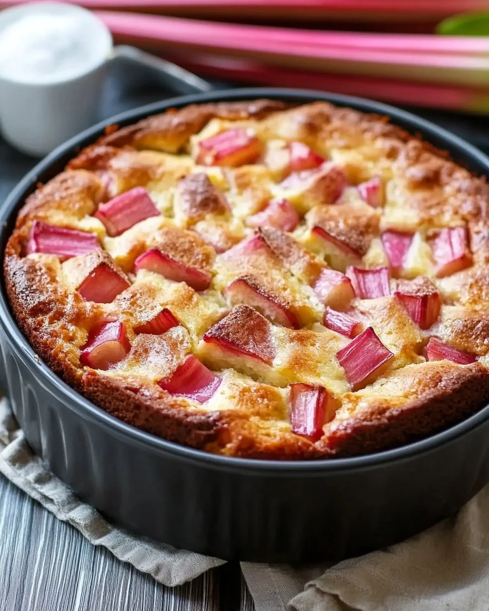 Rhabarber-Joghurt-Kuchen ohne Zucker, frisch gebacken und dekorativ angerichtet.