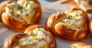 Überbackene Brezeln mit Schmand, Schinken und geschmolzenem Käse