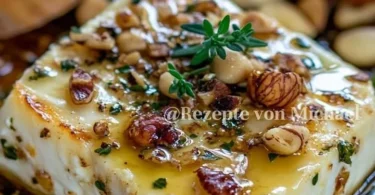 Überbackener Feta mit Honig, Thymian und Nüssen auf einem Servierteller