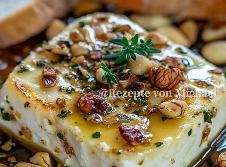 Überbackener Feta mit Honig, Thymian und Nüssen auf einem Servierteller