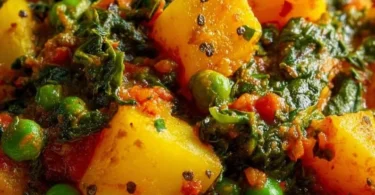 Veganes Kartoffelcurry mit Spinat und Erbsen in einer Schüssel
