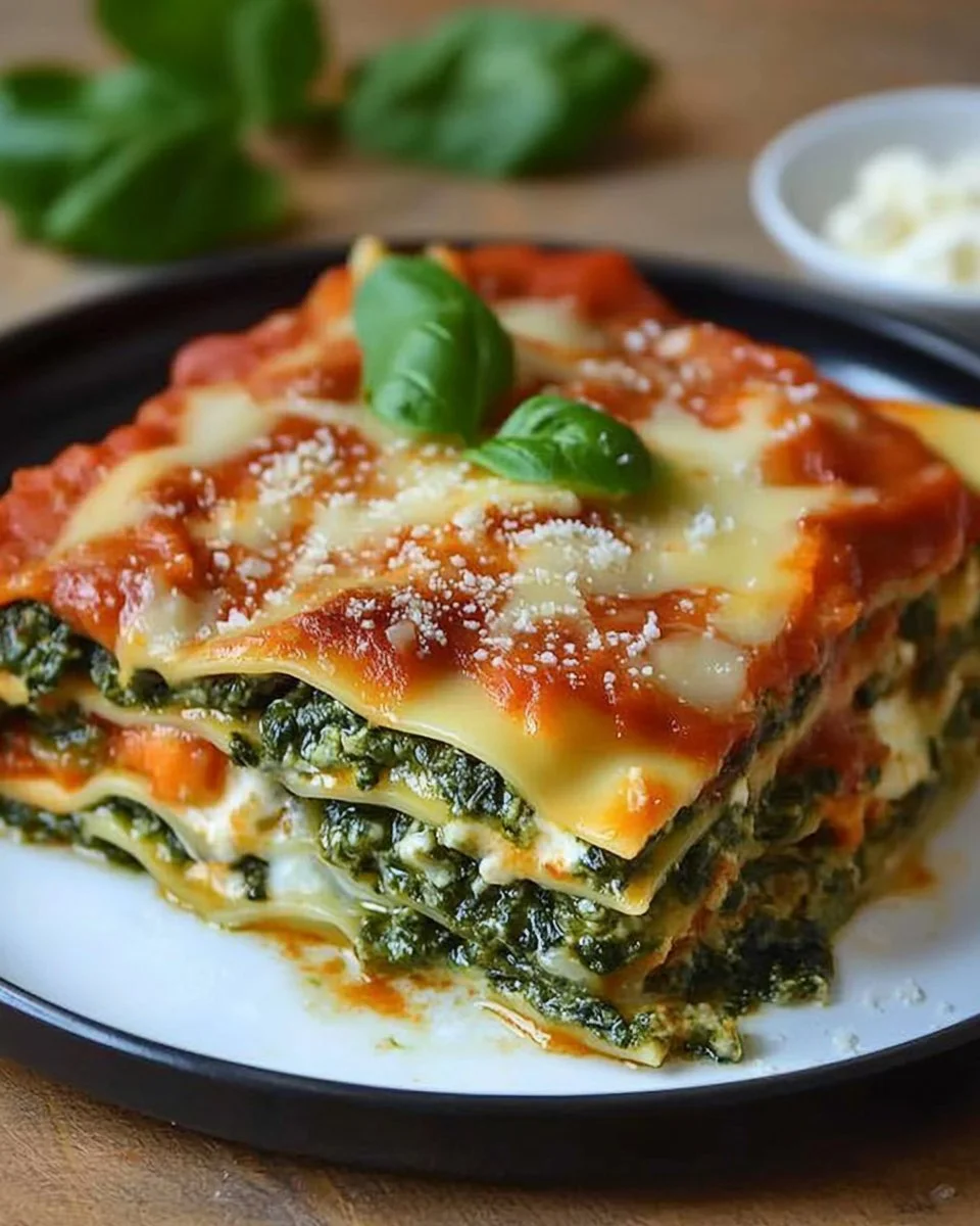 Vegetarische Spinat-Gemüse-Lasagne mit frischem Gemüse und Tomatensoße