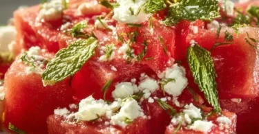 Wassermelonen-Feta-Salat mit frischen Kräutern und Olivenöl