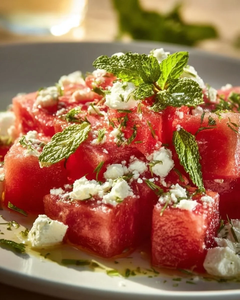 Wassermelonen-Feta-Salat mit frischen Kräutern und Olivenöl