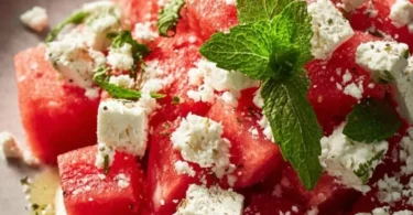 Wassermelonen Feta Salat mit frischer Minze auf einem Teller