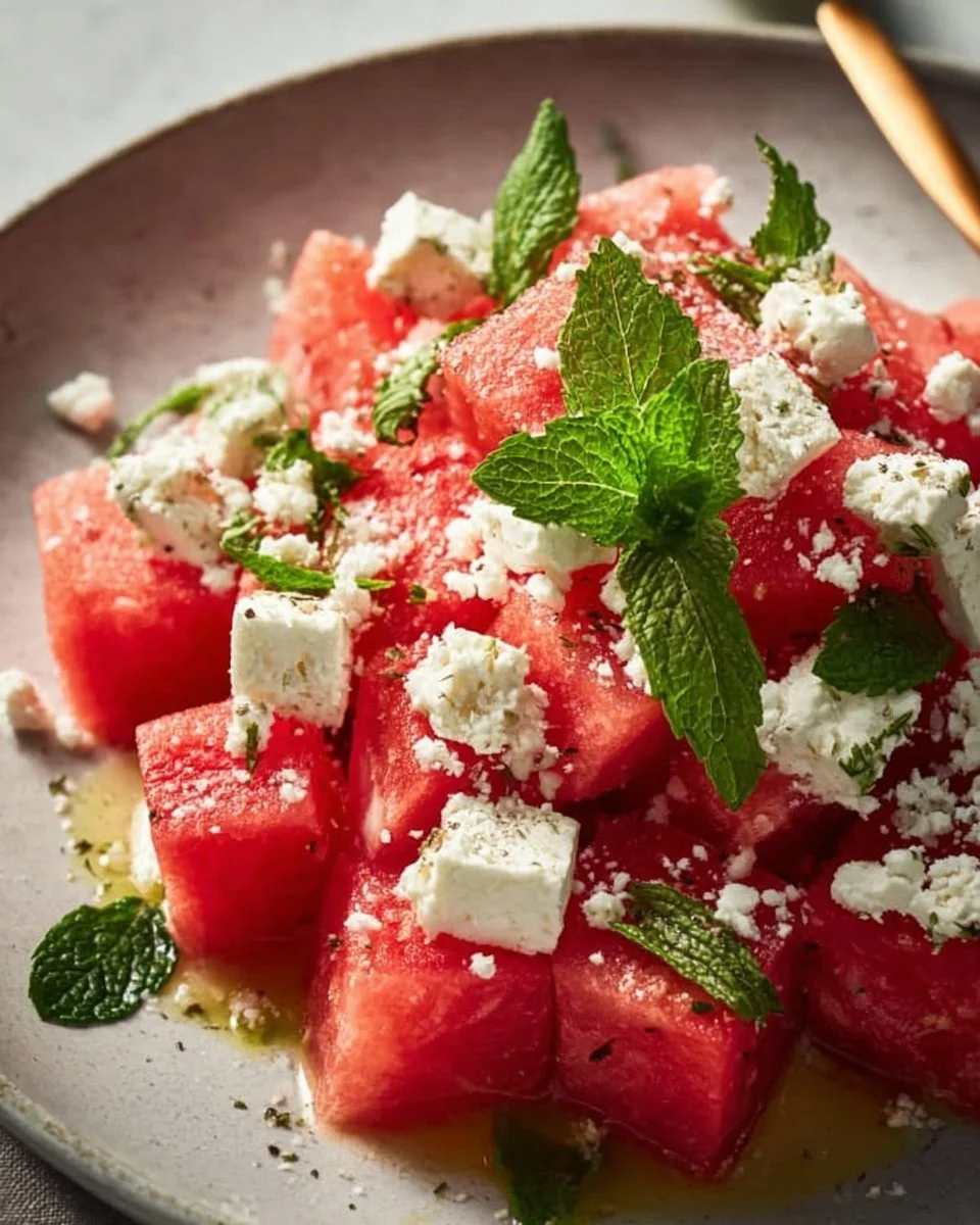 Wassermelonen Feta Salat mit frischer Minze auf einem Teller