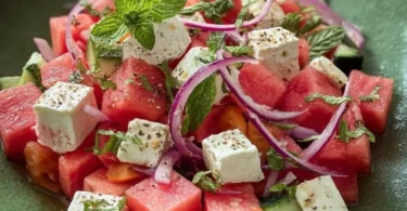 Wassermelonen-Feta-Salat mit Minze in einer bunten Schüssel serviert.