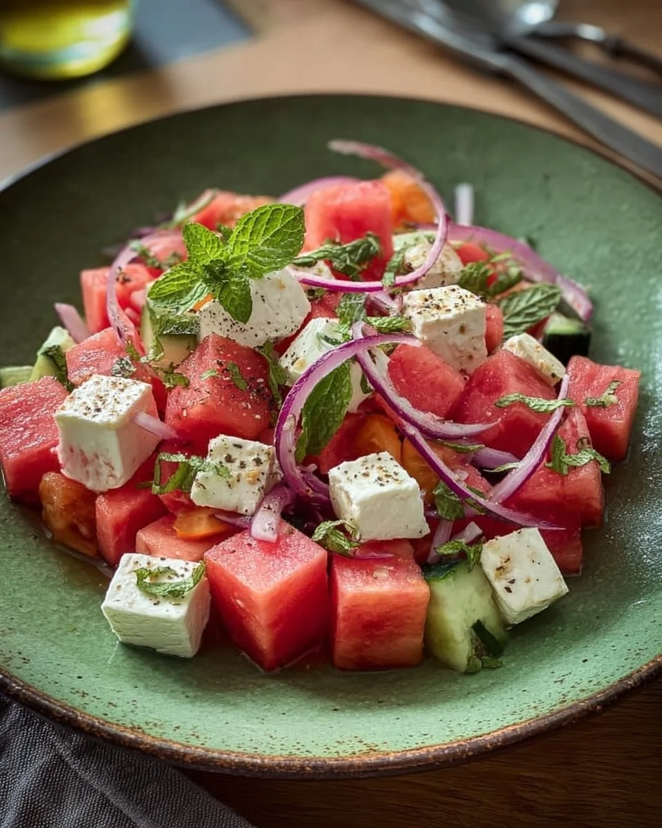 Wassermelonen-Feta-Salat mit Minze in einer bunten Schüssel serviert.