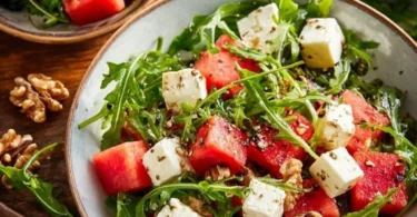 Erfrischender Wassermelonen-Feta-Salat mit Rucola auf einem Teller