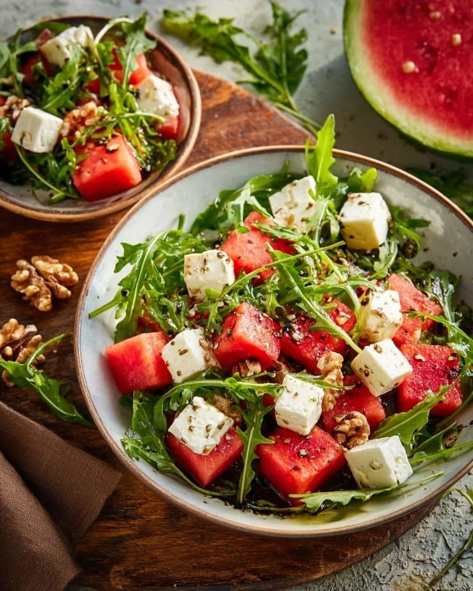 Erfrischender Wassermelonen-Feta-Salat mit Rucola auf einem Teller