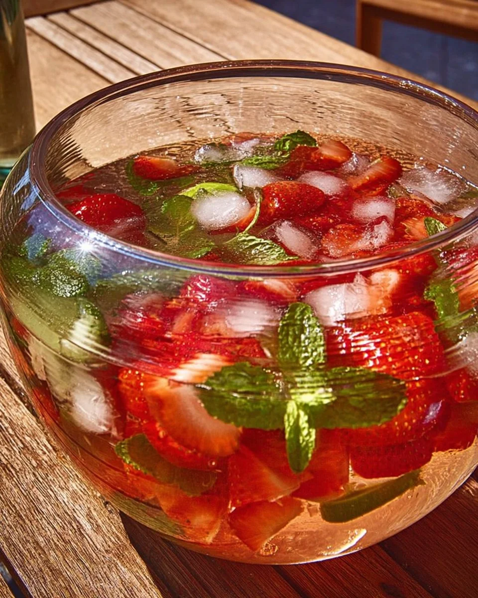 Weltbester Erdbeer-Punsch in einem Glas mit frischen Erdbeeren dekoriere
