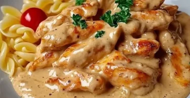 Zarte Hähnchenstreifen in sahniger Sauce mit cremigen Nudeln serviert.