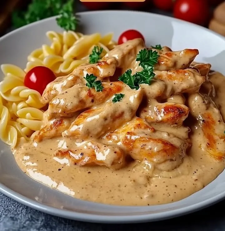 Zarte Hähnchenstreifen mit cremigen Nudeln in sahniger Sauce