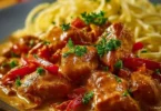 Zartes Hähnchen in Paprika-Sahne-Soße auf einem Teller serviert