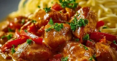 Zartes Hähnchen in Paprika-Sahne-Soße auf einem Teller serviert