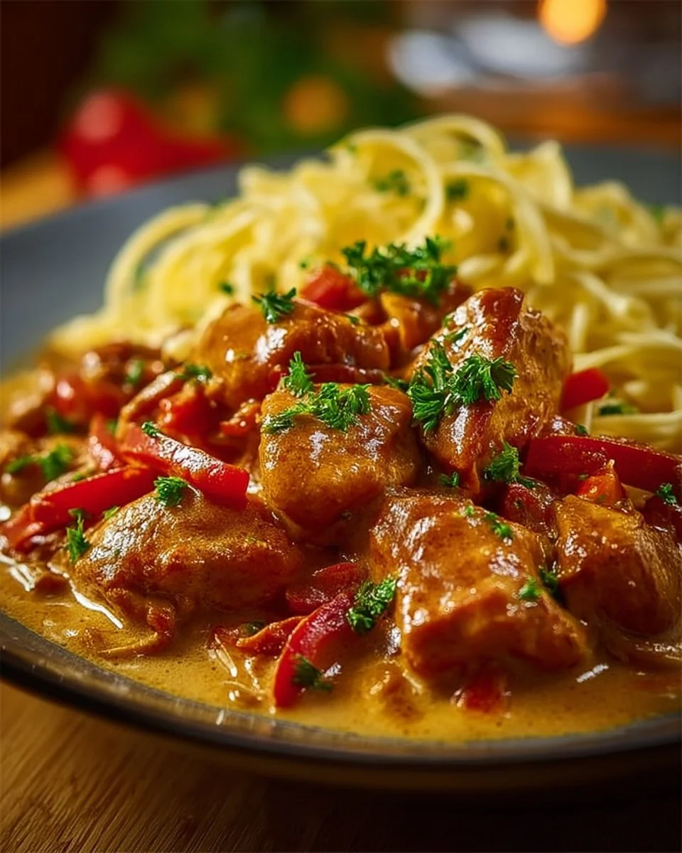 Zartes Hähnchen in Paprika-Sahne-Soße auf einem Teller serviert