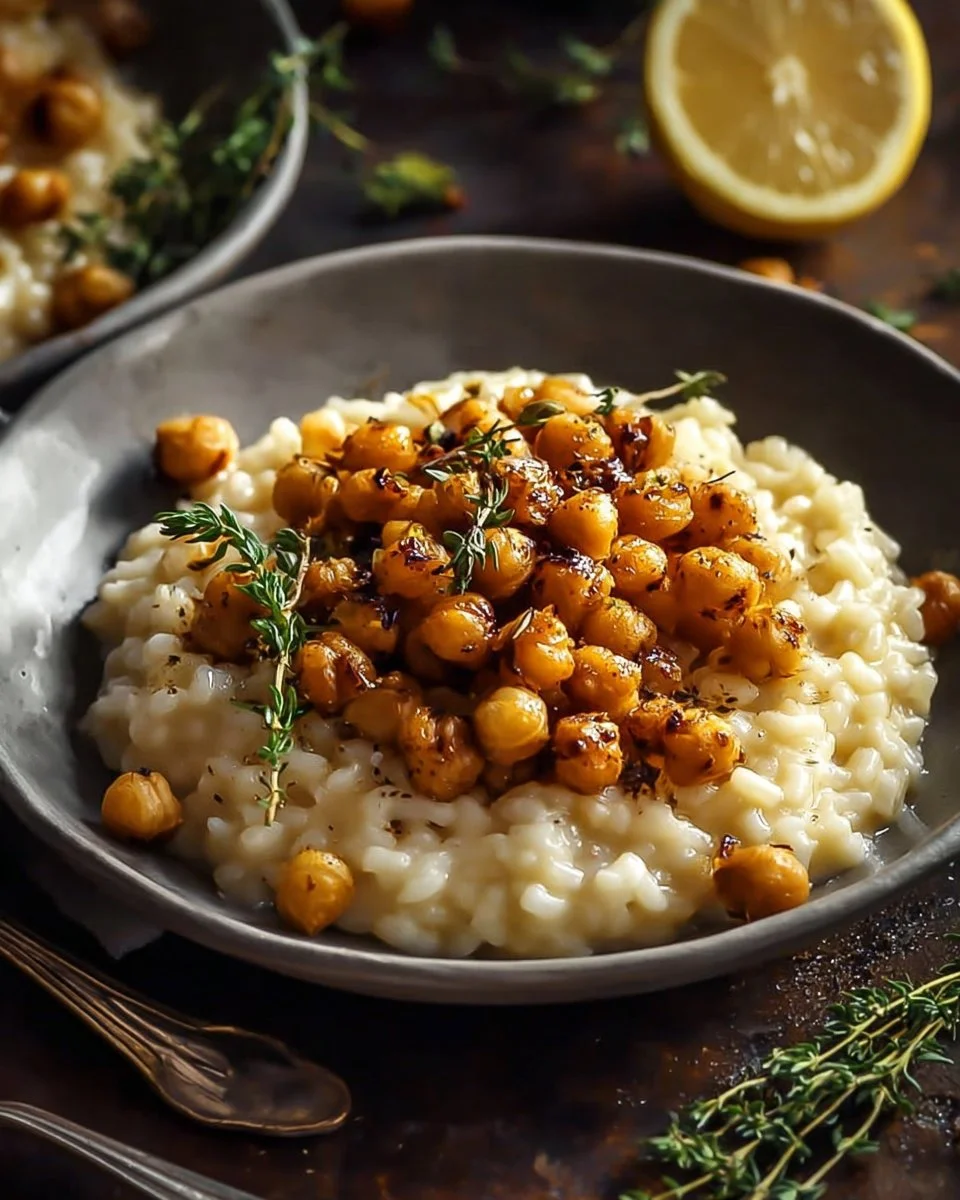 Zitronen-Risotto mit gebratenen Kichererbsen auf einem Teller serviert