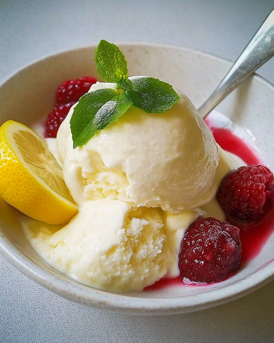 Zitronenfroyo-Eis in einer Servierschale mit frischen Zitronenscheiben