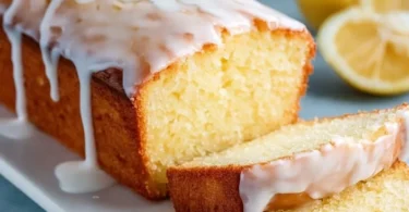 Frischer Zitronenkuchen mit Zitronenscheiben und Puderzucker dekoriert