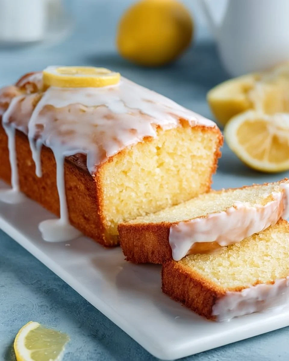 Frischer Zitronenkuchen mit Zitronenscheiben und Puderzucker dekoriert