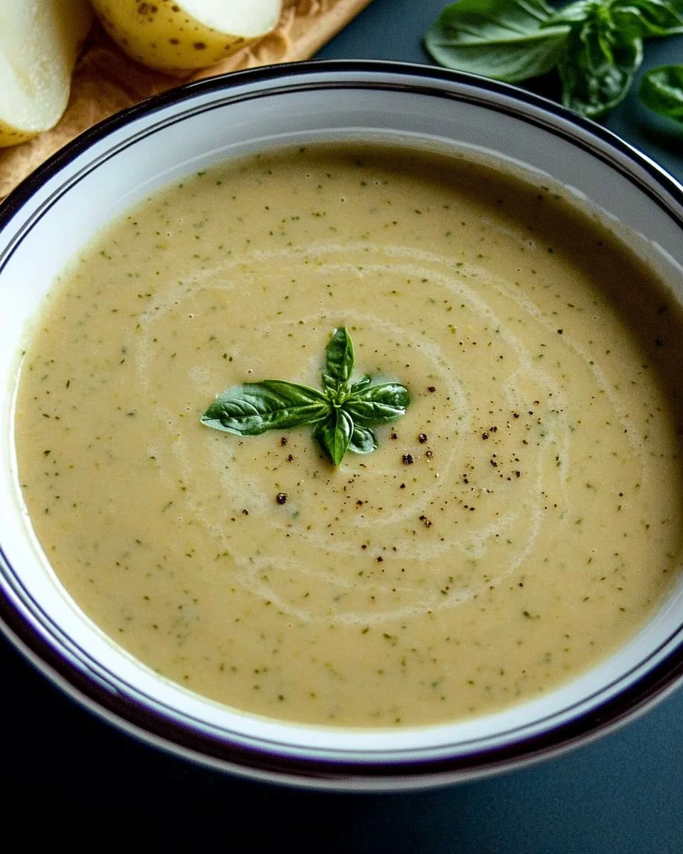 Schüssel mit Zucchini-Cremesuppe, garniert mit frischen Kräutern.