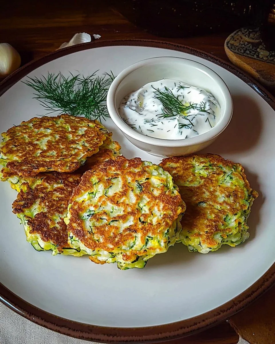 Zucchini-Puffer serviert mit einem Joghurt-Dip auf einem Teller