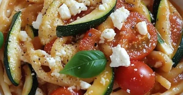 Zucchini Tomaten Feta Pasta in einer Schüssel, garniert mit frischen Kräutern.