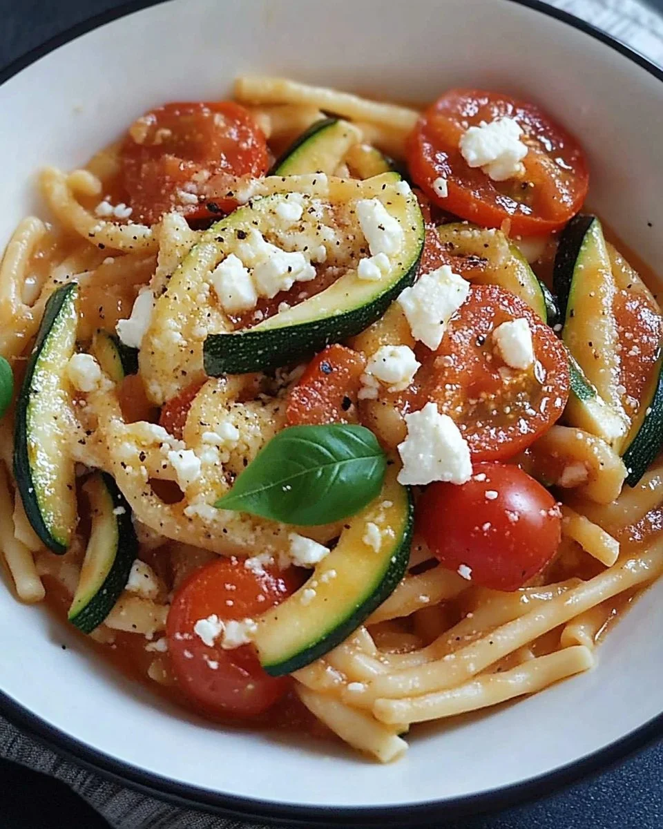 Zucchini Tomaten Feta Pasta in einer Schüssel, garniert mit frischen Kräutern.