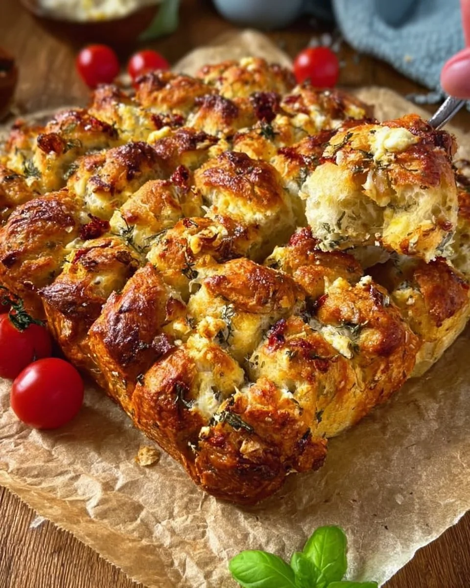 Zupfbrot mit getrockneten Tomaten, Feta und Mozzarella auf einem Holzbrett