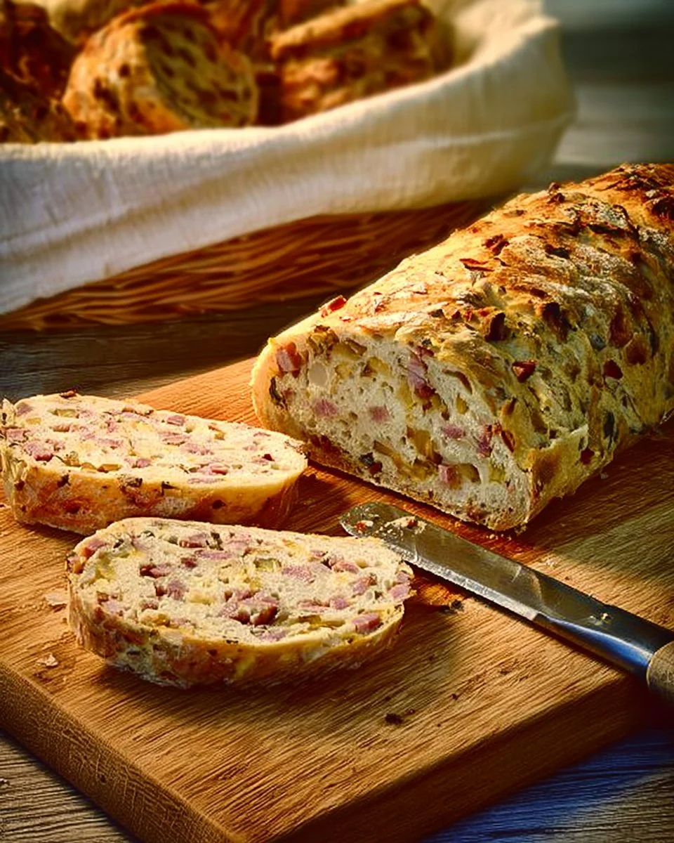 Zwiebel Käse Schinken Brot appetitlich angerichtet auf einem Tisch.