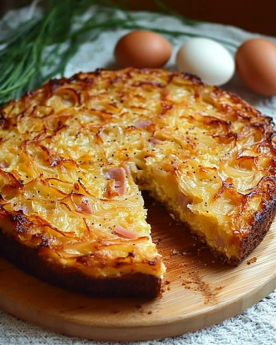 Zwiebelkuchen ohne Boden serviert auf einem weißen Teller