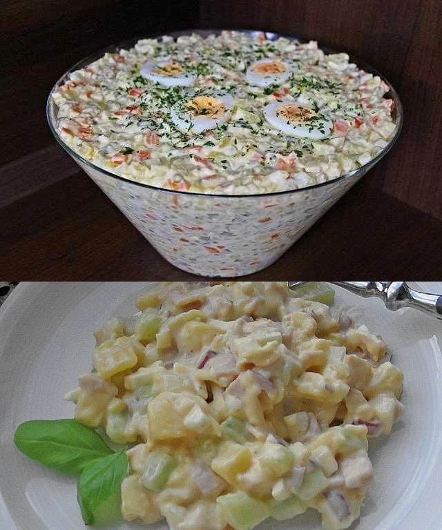 Bunter 7-Tassen-Salat in einer Schüssel, ideal für sommerliche Gerichte.