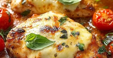 Aromatische Hähnchenfilets in Tomaten-Käse-Soße serviert auf einem weißen Teller
